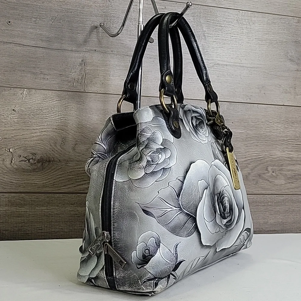 Anuschka Black and Gray Floral Leather Handbag